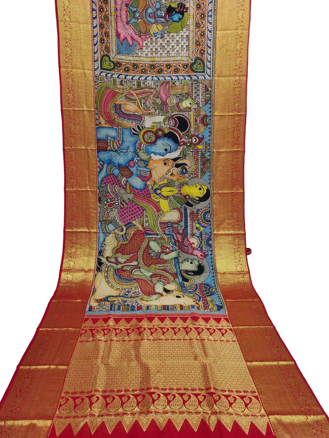 Kalamkari Multicolor Pen Saree with Kanjeevaram Border - Luxurion World
