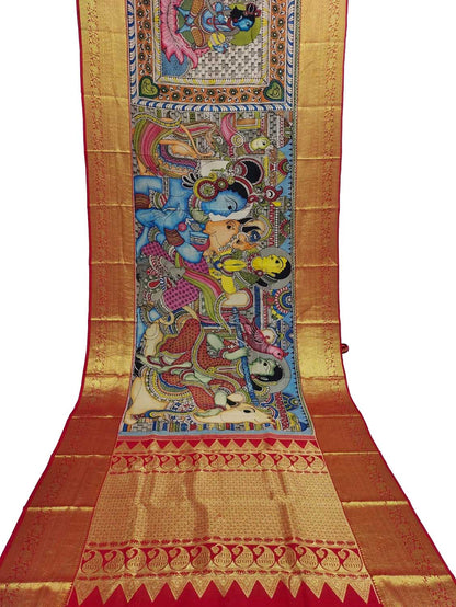 Kalamkari Multicolor Pen Saree with Kanjeevaram Border - Luxurion World