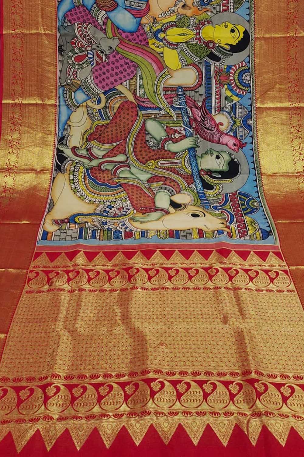 Kalamkari Multicolor Pen Saree with Kanjeevaram Border - Luxurion World