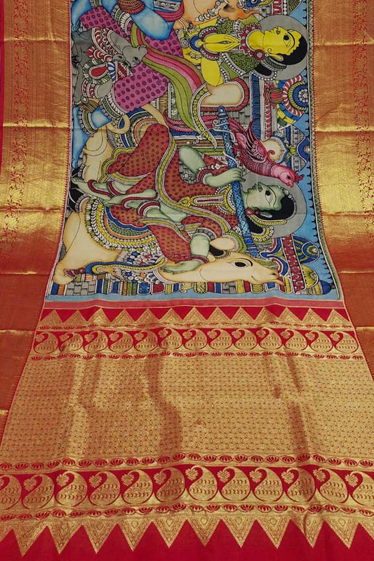 Kalamkari Multicolor Pen Saree with Kanjeevaram Border - Luxurion World