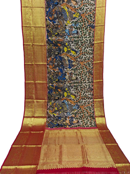 Kalamkari Multicolor Pen Saree with Kanjeevaram Border - Luxurion World