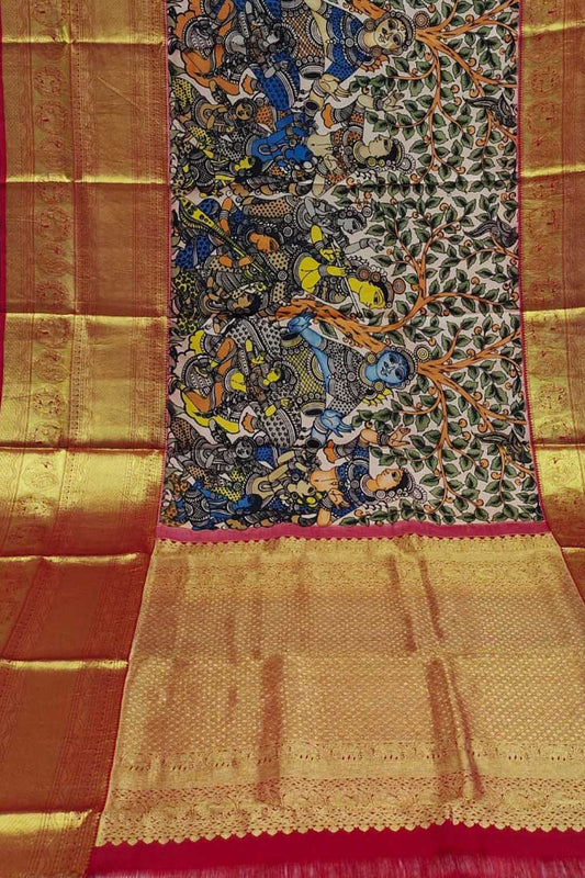 Kalamkari Multicolor Pen Saree with Kanjeevaram Border - Luxurion World