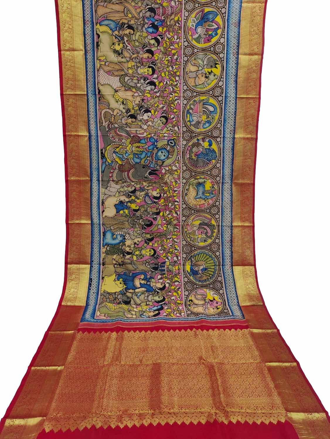 Kalamkari Multicolor Pen Saree with Kanjeevaram Border - Luxurion World