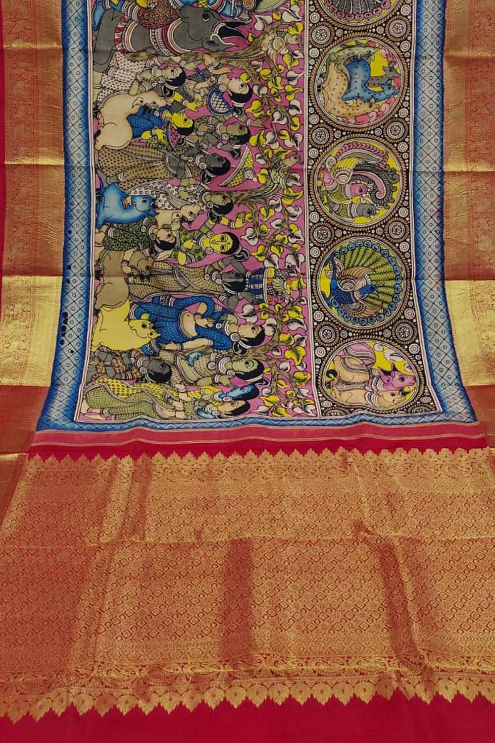 Kalamkari Multicolor Pen Saree with Kanjeevaram Border - Luxurion World