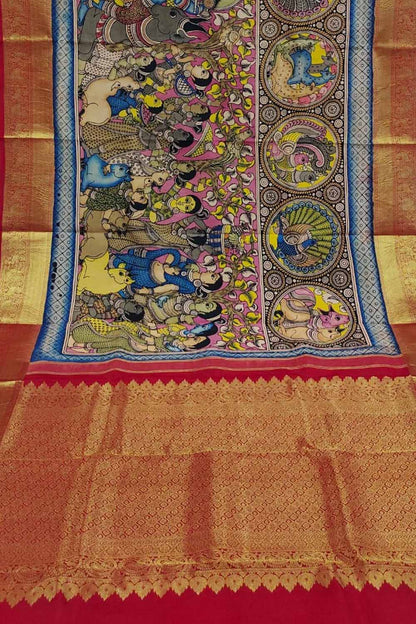 Kalamkari Multicolor Pen Saree with Kanjeevaram Border - Luxurion World
