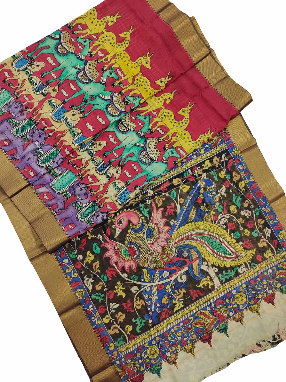 Vibrant Hand Painted Kalamkari Bangalore Silk Saree - Luxurion World