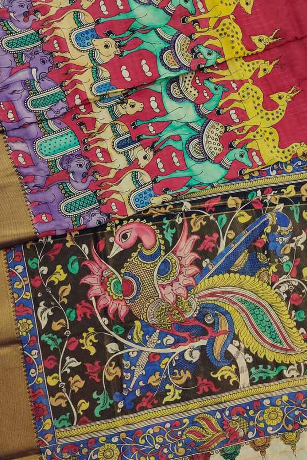 Vibrant Hand Painted Kalamkari Bangalore Silk Saree - Luxurion World