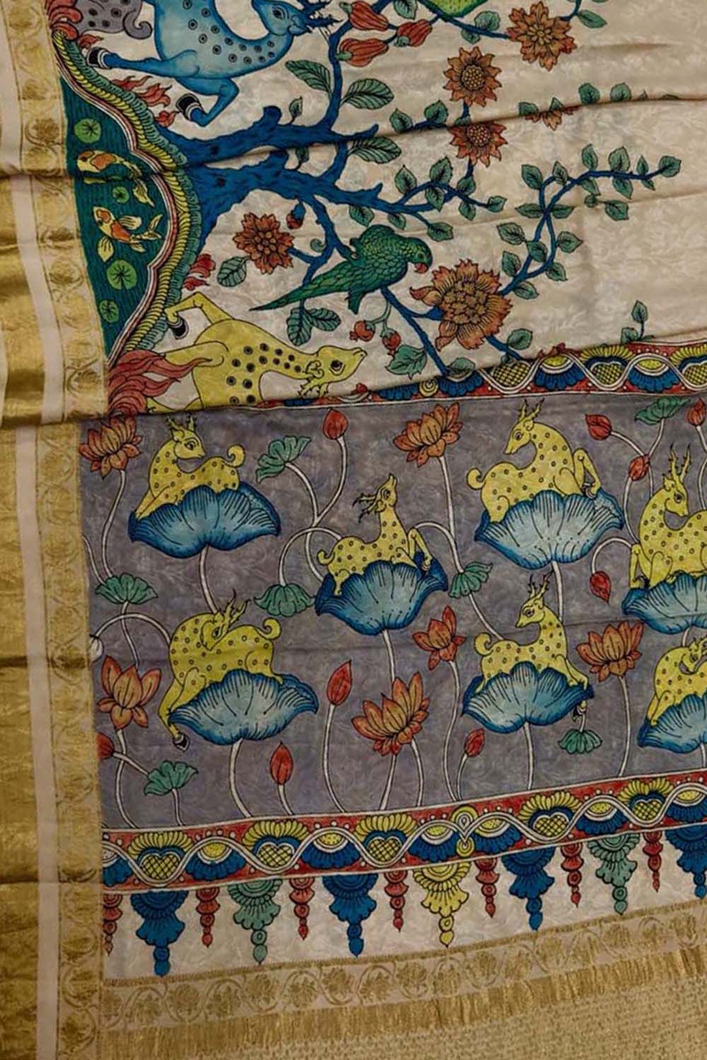 Multicolor Hand Painted Kalamkari Pure Crepe Flower Design Saree - Luxurion World