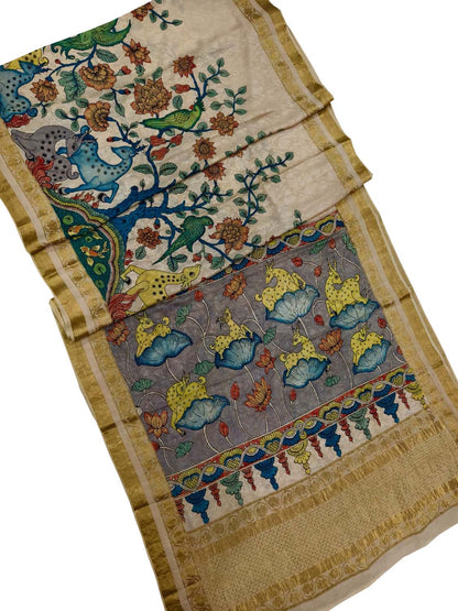 Multicolor Hand Painted Kalamkari Pure Crepe Flower Design Saree - Luxurion World