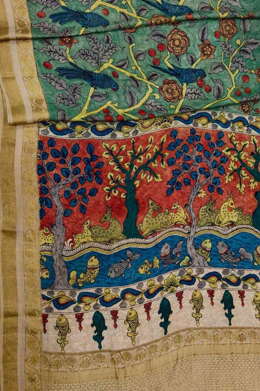 Multicolor Hand Painted Kalamkari Pure Crepe Bird Design Saree - Luxurion World