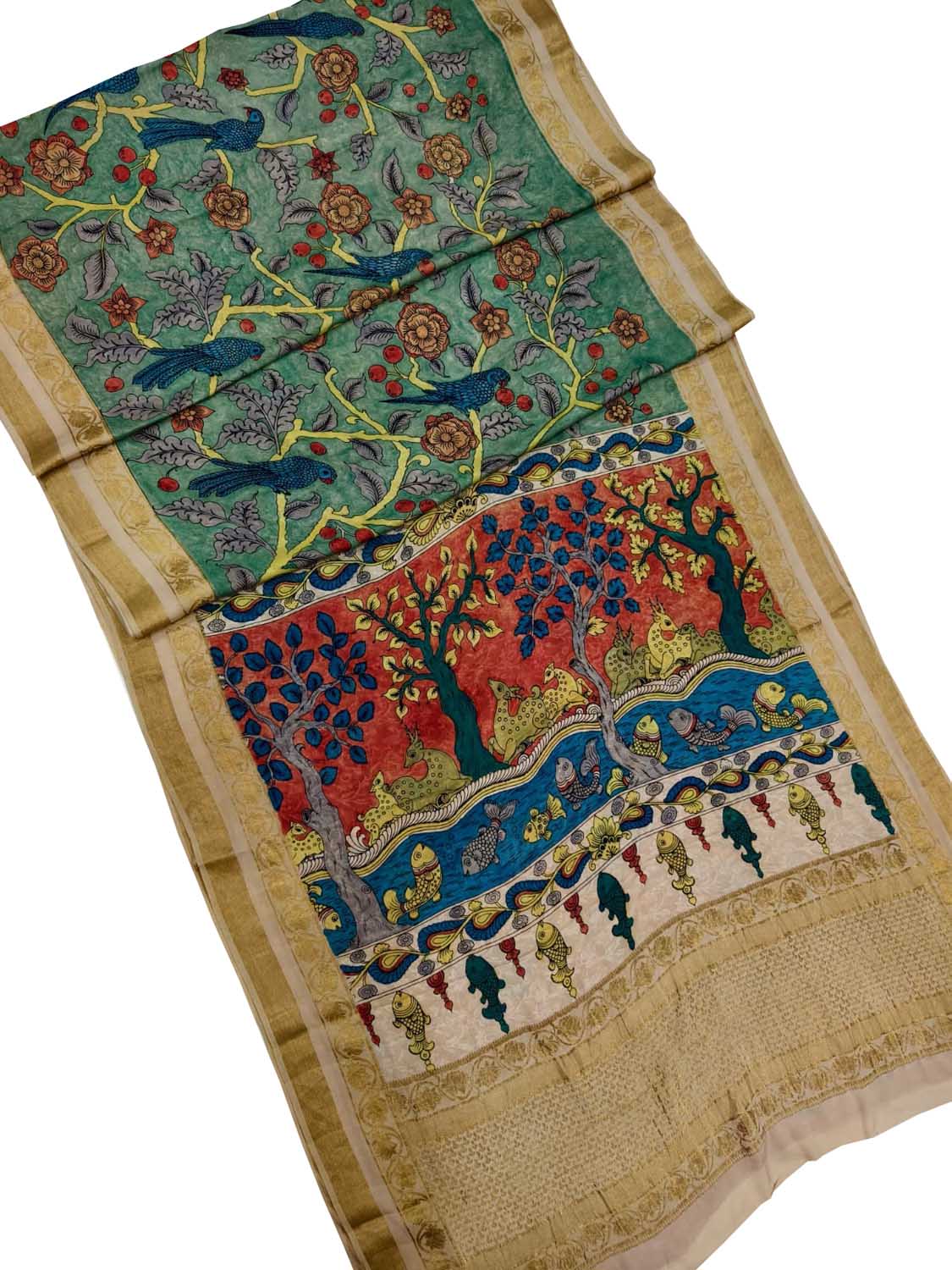 Multicolor Hand Painted Kalamkari Pure Crepe Bird Design Saree - Luxurion World