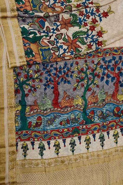 Multicolor Hand Painted Kalamkari Pure Crepe Elephant Design Saree - Luxurion World