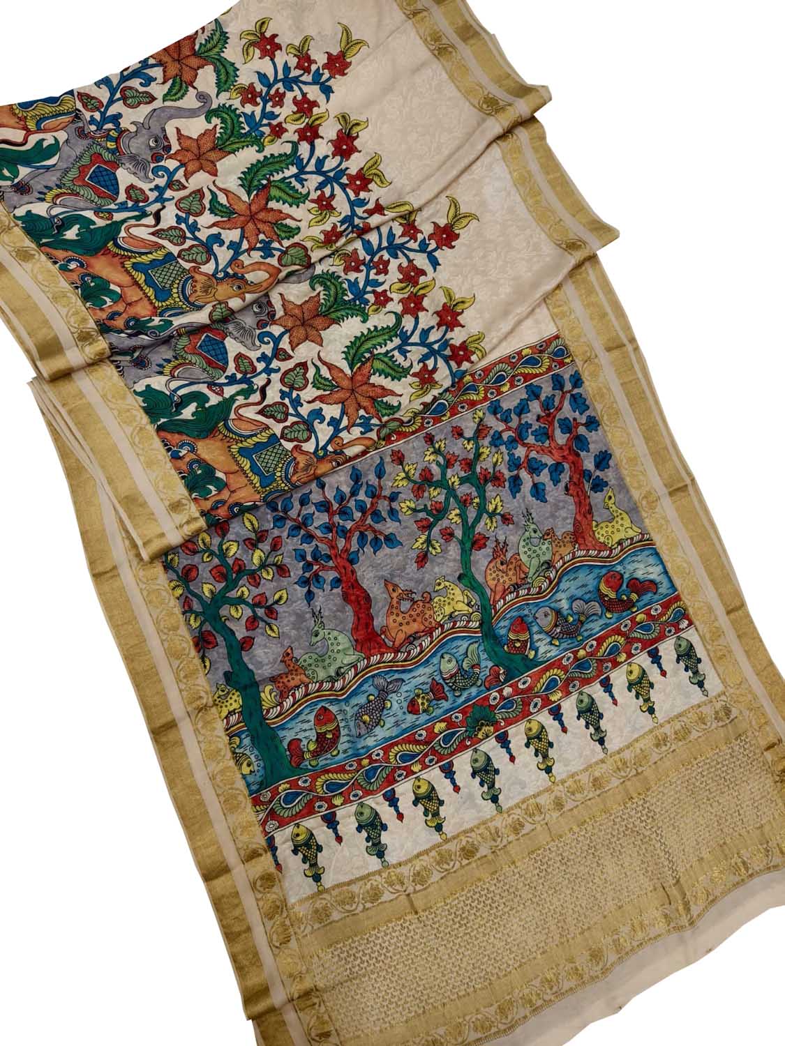 Multicolor Hand Painted Kalamkari Pure Crepe Elephant Design Saree - Luxurion World