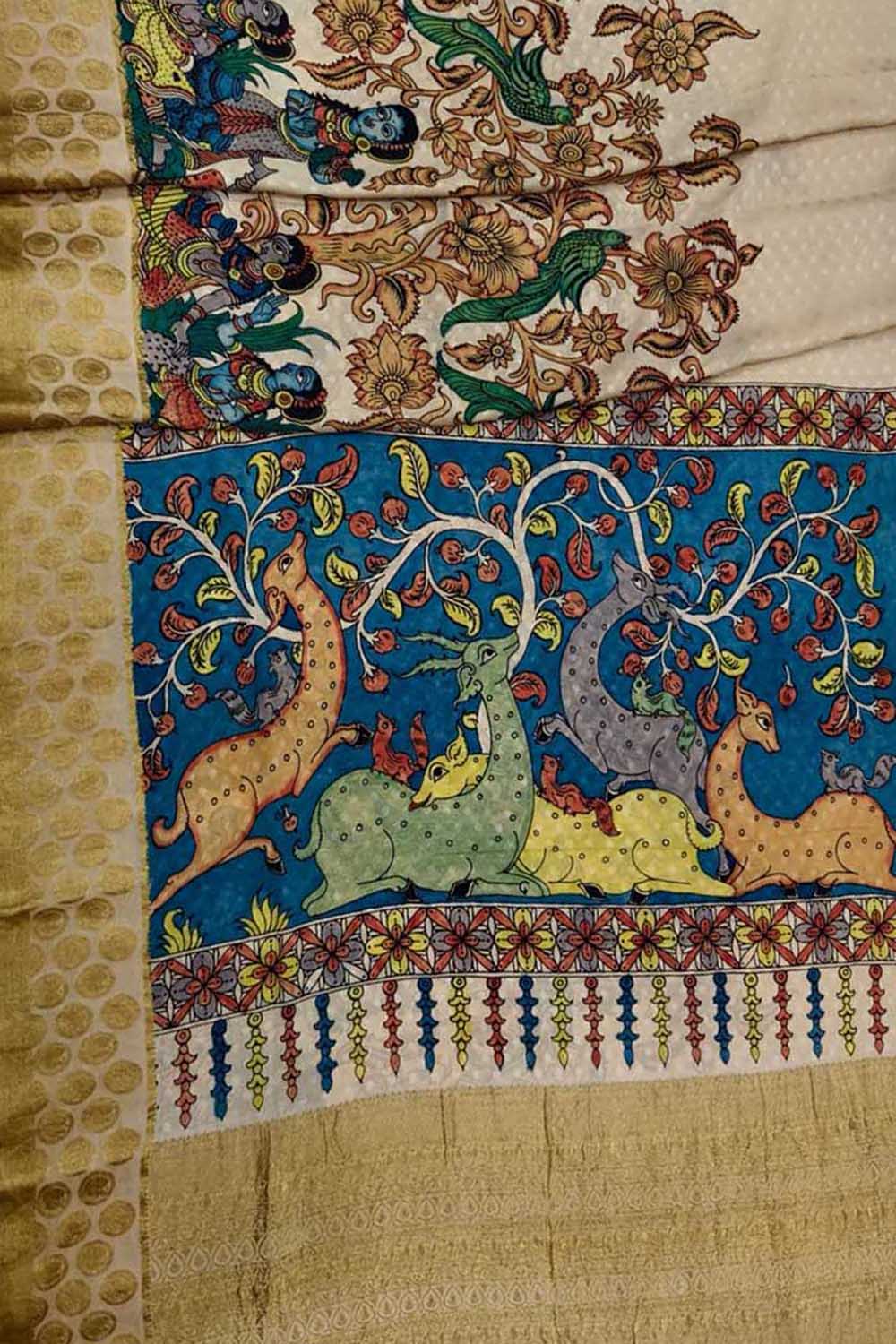 Multicolor Hand Painted Kalamkari Pure Crepe Flower Design Saree - Luxurion World