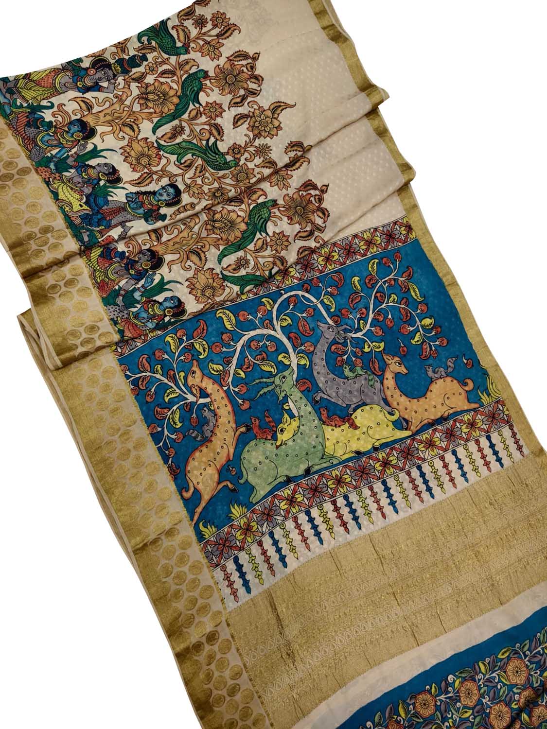 Multicolor Hand Painted Kalamkari Pure Crepe Flower Design Saree - Luxurion World