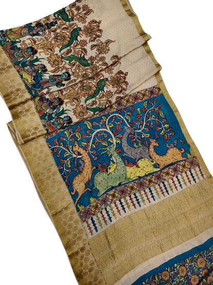 Multicolor Hand Painted Kalamkari Pure Crepe Flower Design Saree - Luxurion World