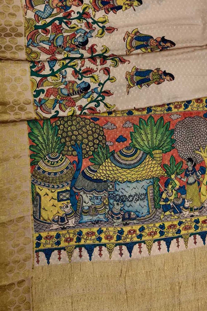 Multicolor Hand Painted Kalamkari Pure Crepe Saree - Luxurion World