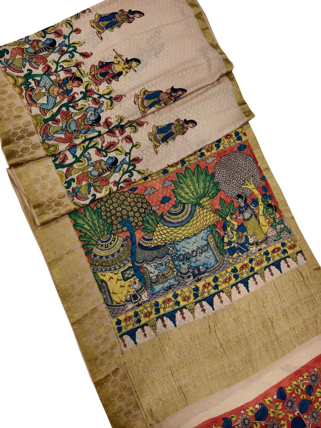 Multicolor Hand Painted Kalamkari Pure Crepe Saree - Luxurion World