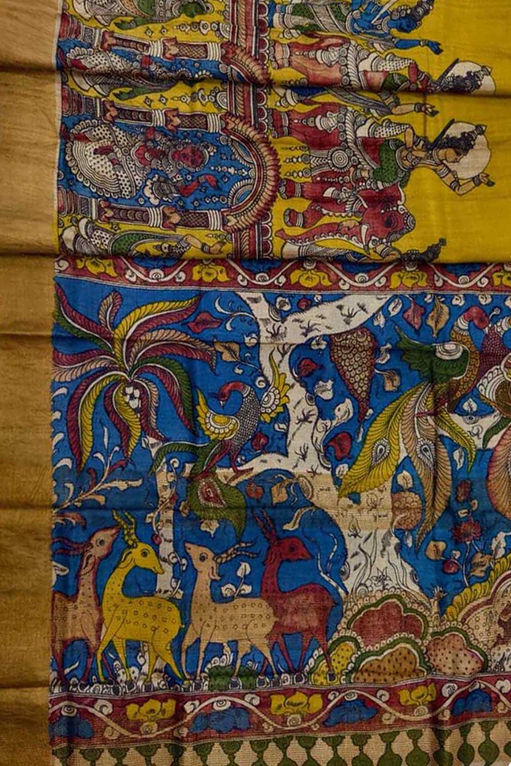 Yellow Kalamkari Tussar Silk Saree - Hand Painted Beauty - Luxurion World