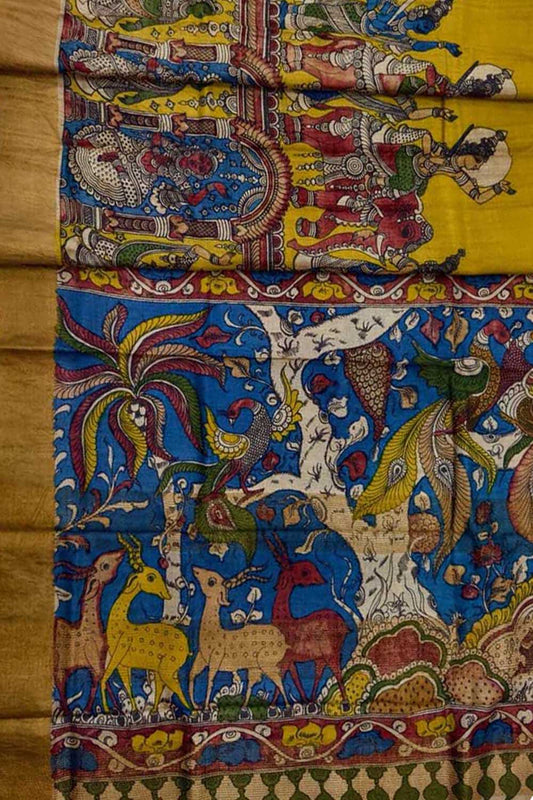 Yellow Kalamkari Tussar Silk Saree - Hand Painted Beauty - Luxurion World