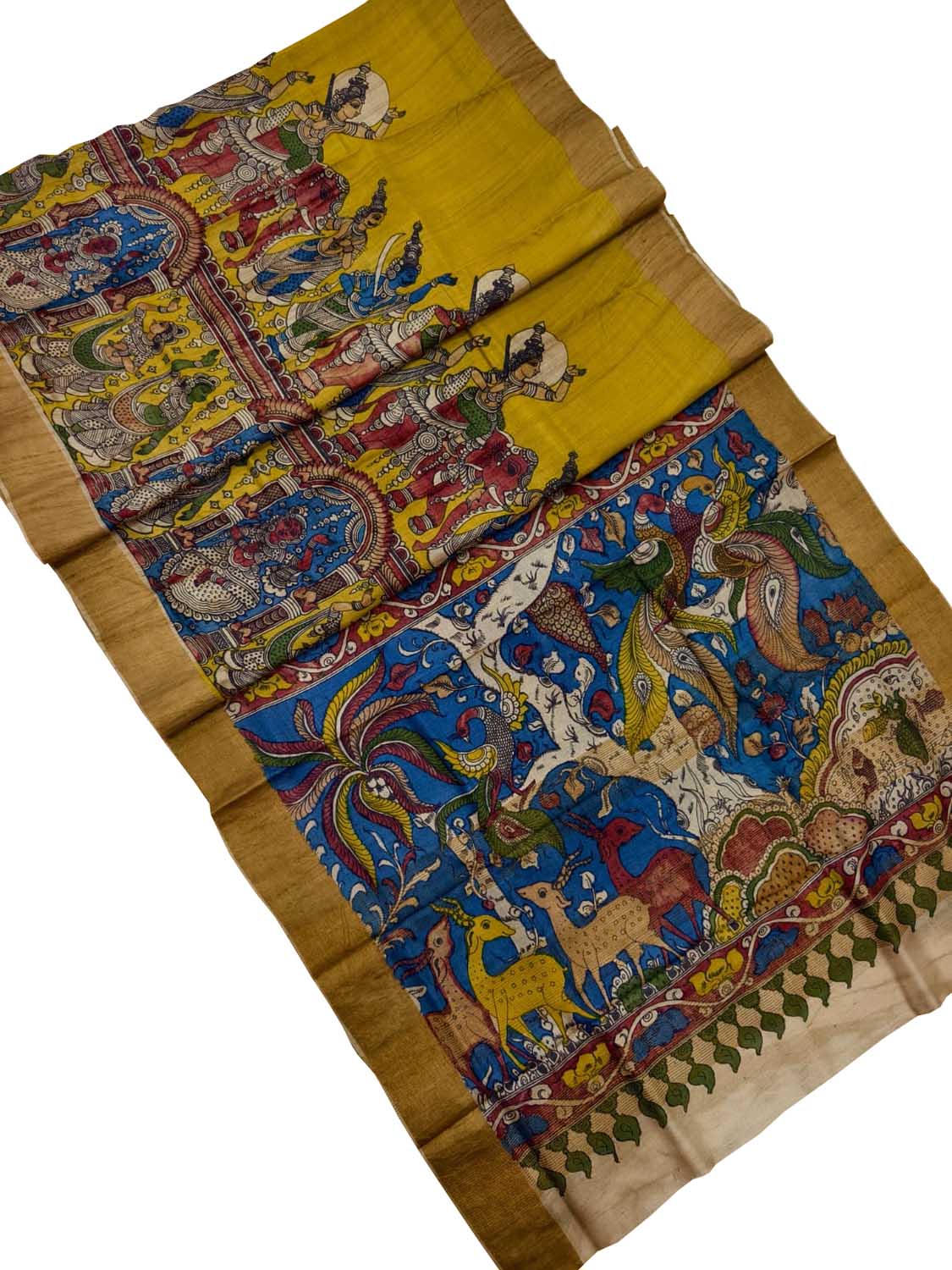 Yellow Kalamkari Tussar Silk Saree - Hand Painted Beauty - Luxurion World