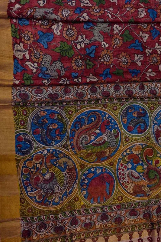 Vibrant Red Kalamkari Tussar Silk Saree - Luxurion World