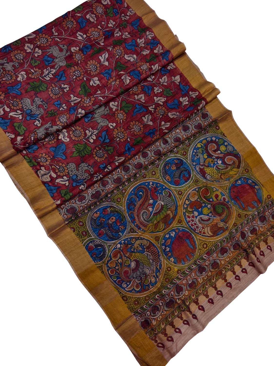 Vibrant Red Kalamkari Tussar Silk Saree - Luxurion World