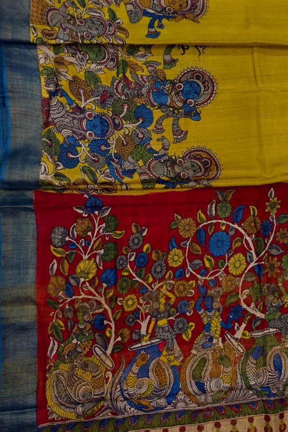 Yellow Kalamkari Tussar Silk Saree - Luxurion World