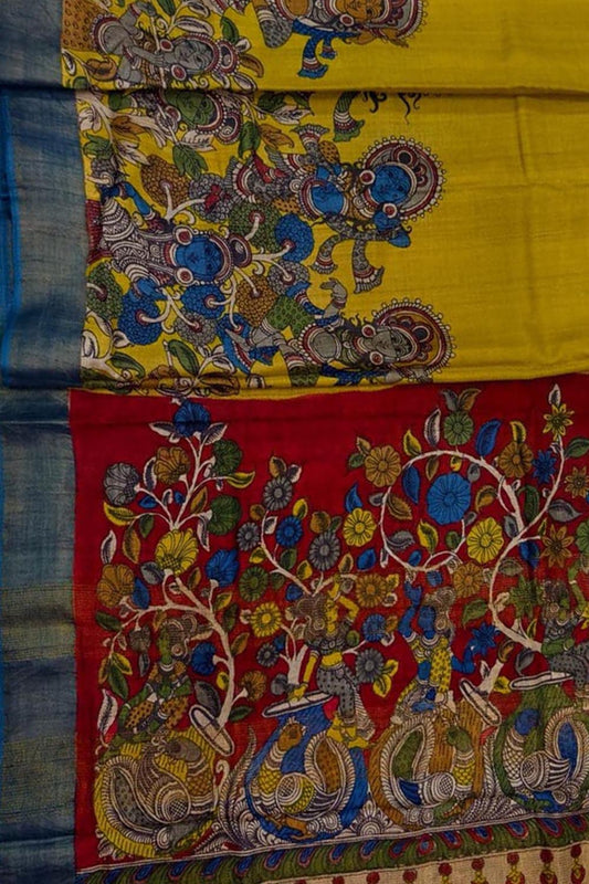 Yellow Kalamkari Tussar Silk Saree - Luxurion World