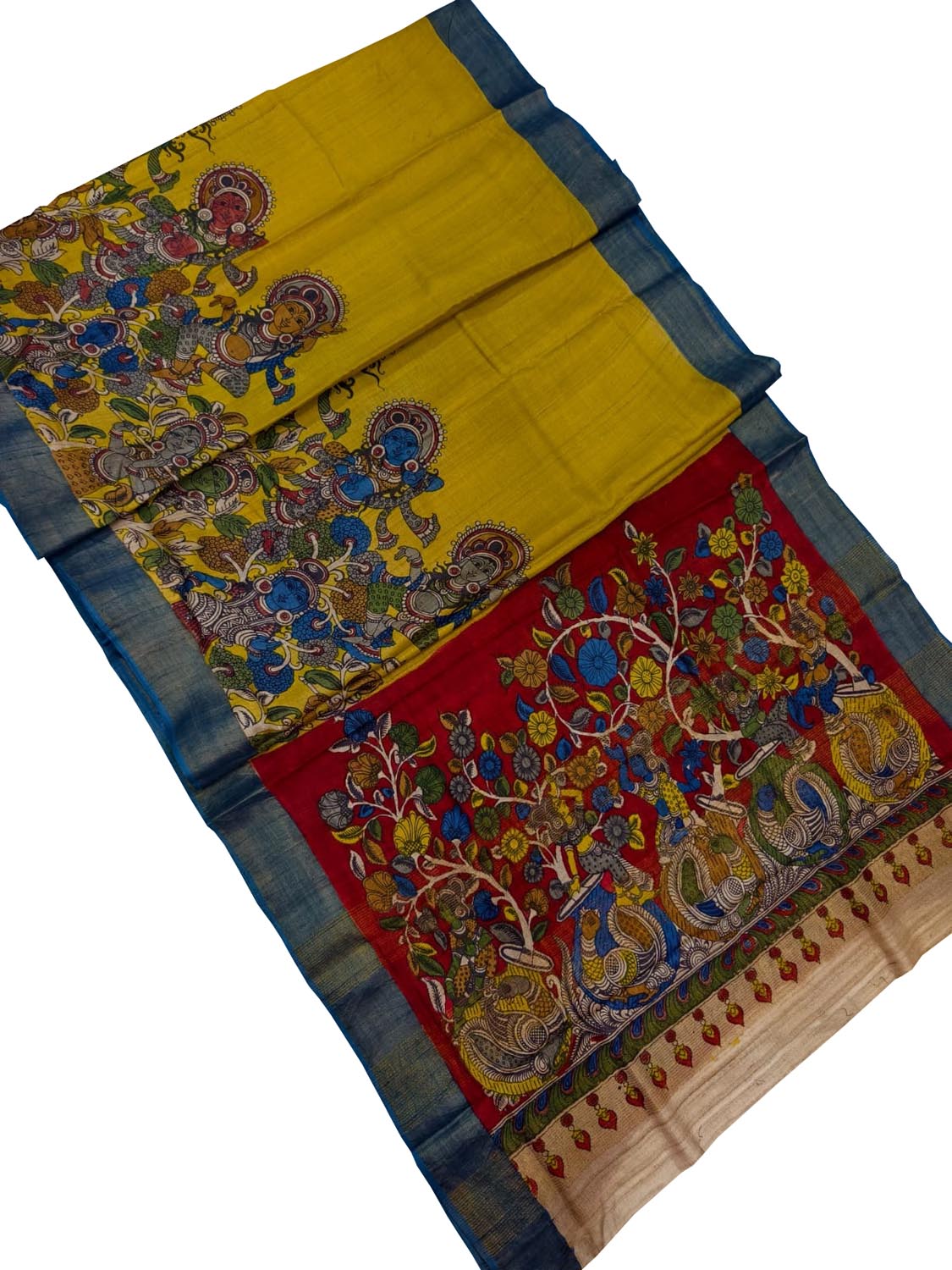 Yellow Kalamkari Tussar Silk Saree - Luxurion World