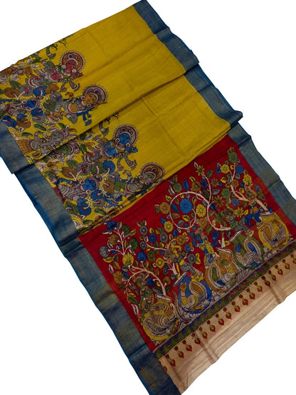 Yellow Kalamkari Tussar Silk Saree - Luxurion World