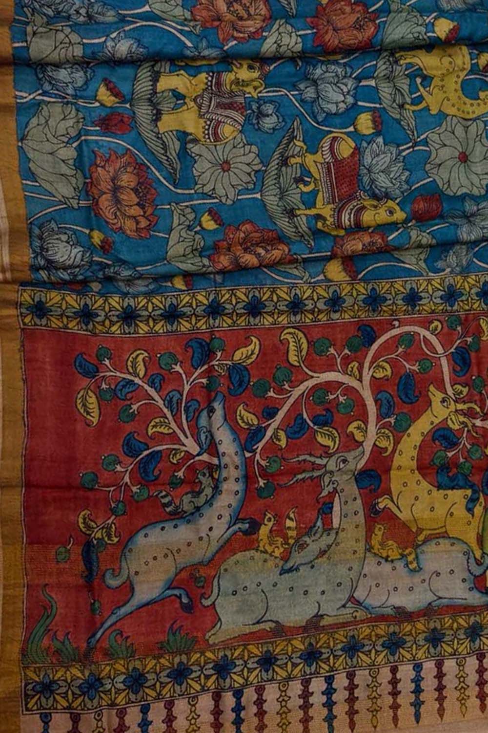 Exquisite Blue Hand Painted Kalamkari Silk Saree - Luxurion World