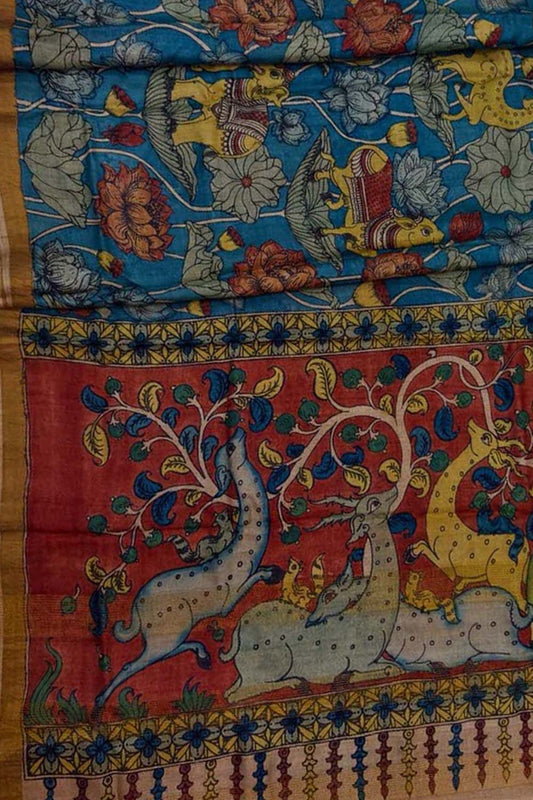 Exquisite Blue Hand Painted Kalamkari Silk Saree - Luxurion World