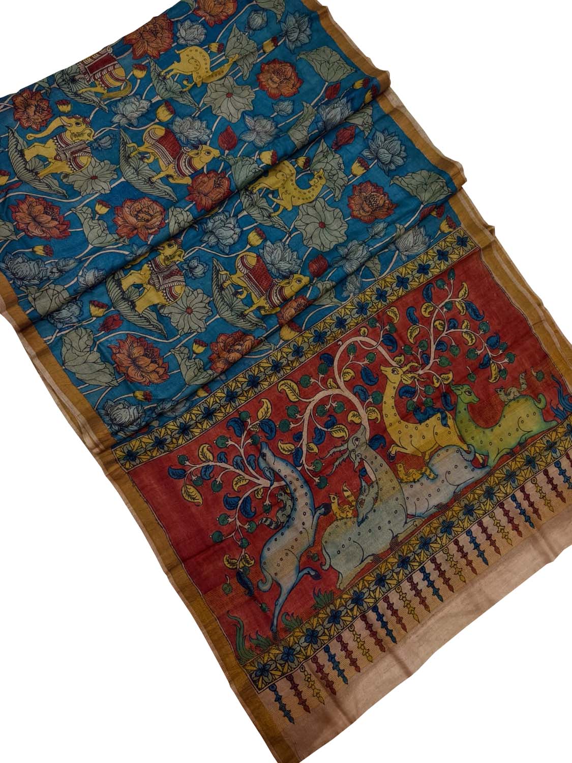 Exquisite Blue Hand Painted Kalamkari Silk Saree - Luxurion World