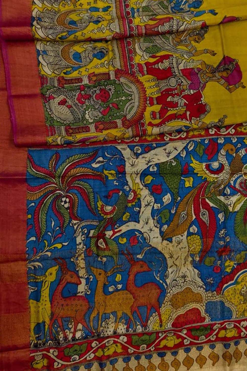 Yellow Kalamkari Tussar Silk Saree - Luxurion World