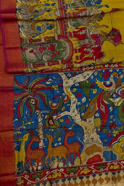 Yellow Kalamkari Tussar Silk Saree - Luxurion World