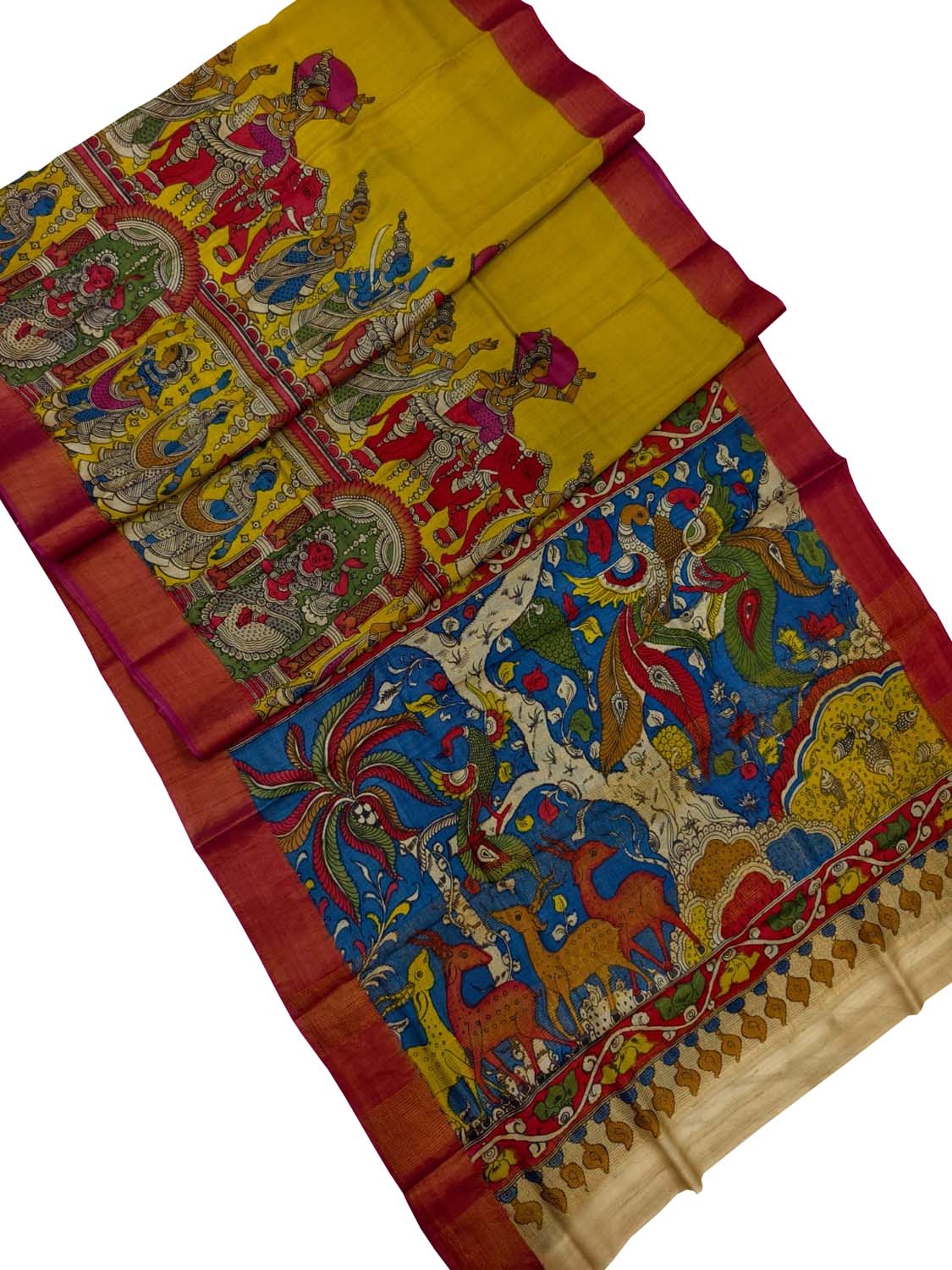 Yellow Kalamkari Tussar Silk Saree - Luxurion World