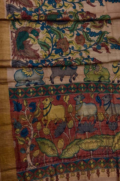 Vibrant Hand Painted Kalamkari Tussar Silk Saree - Luxurion World