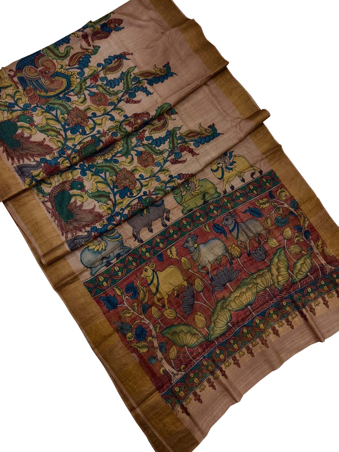 Vibrant Hand Painted Kalamkari Tussar Silk Saree - Luxurion World