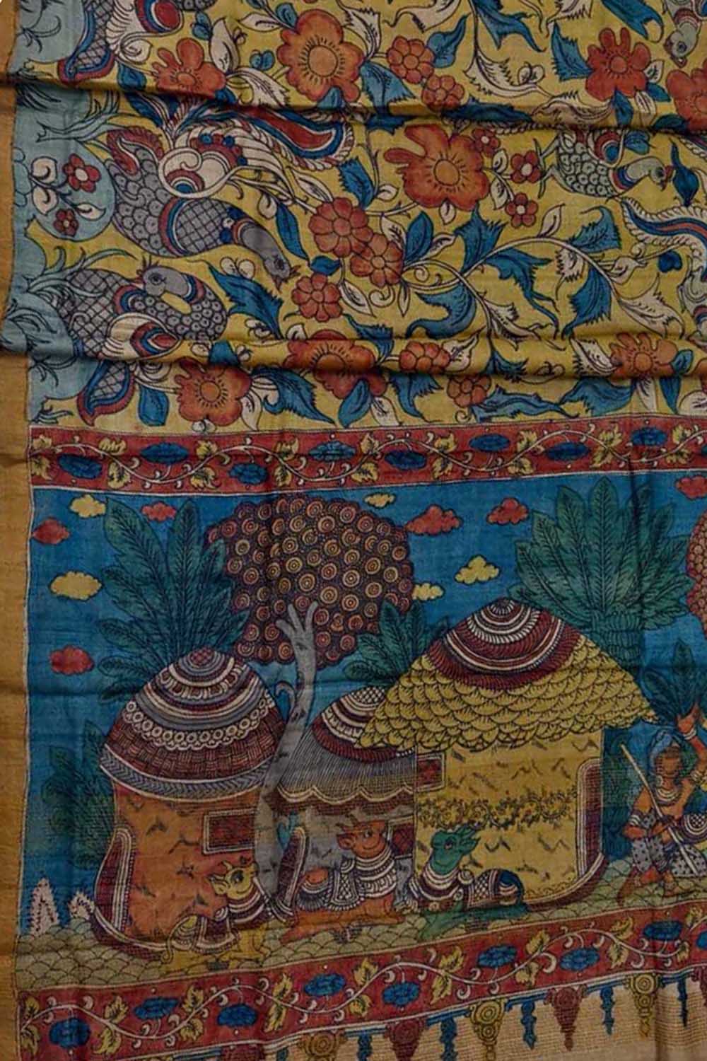 Vibrant Kalamkari Tussar Silk Saree - Hand Painted Beauty - Luxurion World