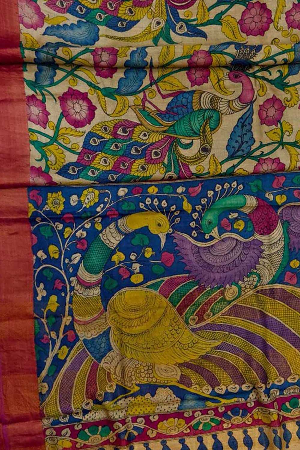 Vibrant Hand Painted Kalamkari Tussar Silk Saree - Luxurion World