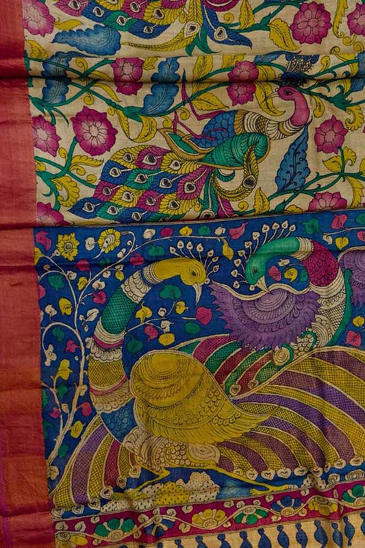 Vibrant Hand Painted Kalamkari Tussar Silk Saree - Luxurion World
