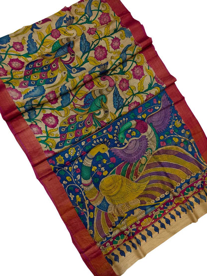Vibrant Hand Painted Kalamkari Tussar Silk Saree - Luxurion World