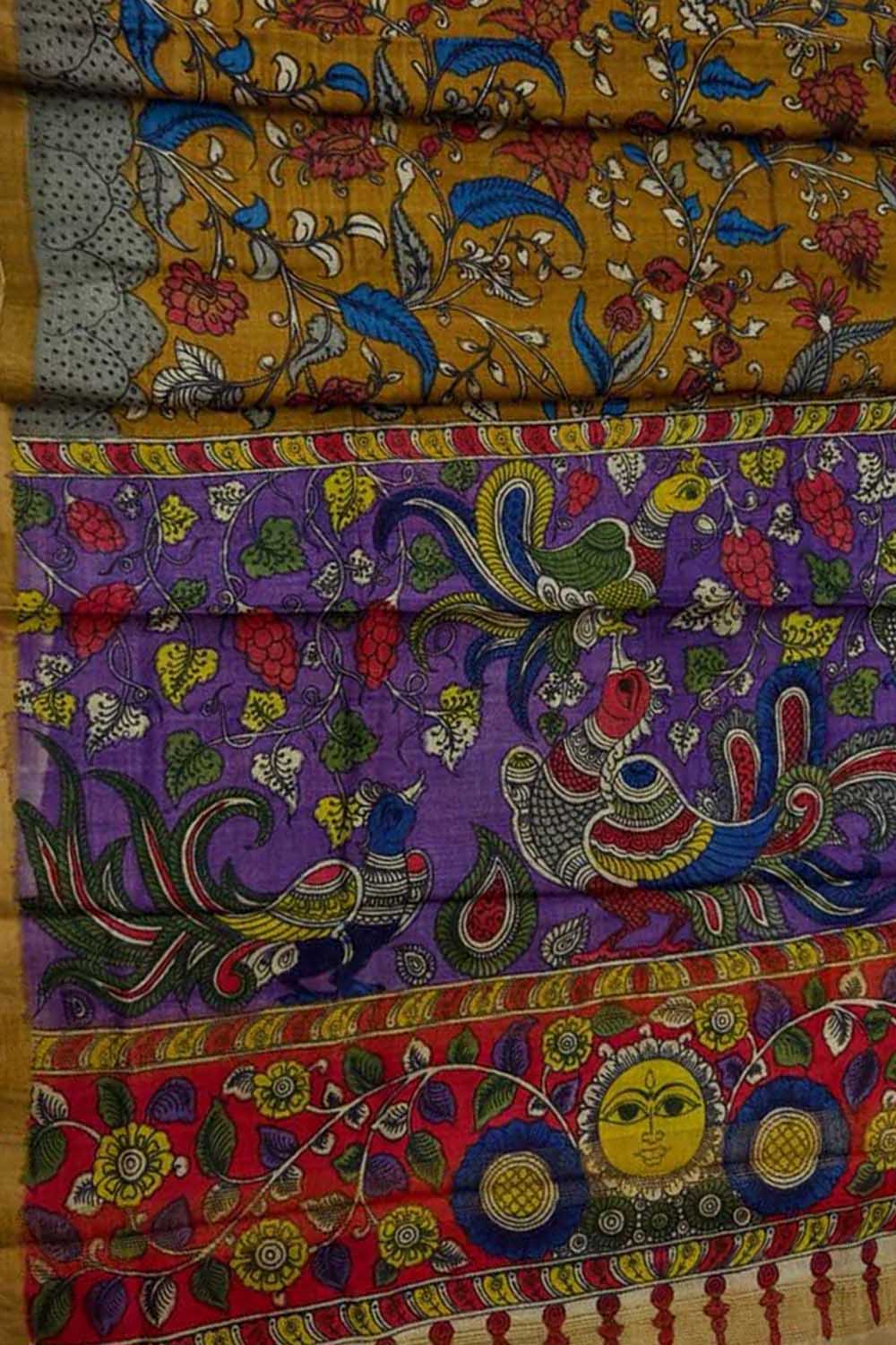 Yellow Kalamkari Tussar Silk Saree - Luxurion World