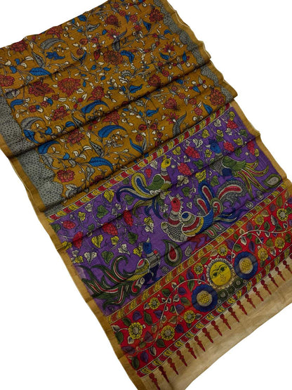 Yellow Kalamkari Tussar Silk Saree - Luxurion World