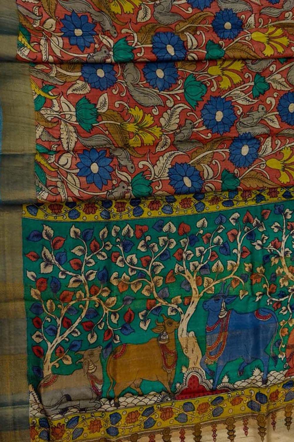 Vibrant Red Kalamkari Tussar Silk Saree - Luxurion World