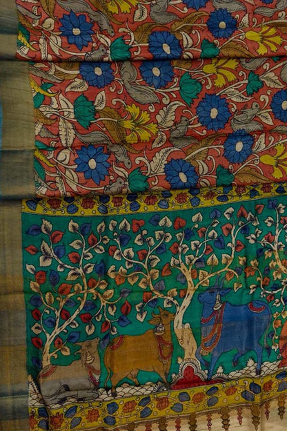 Vibrant Red Kalamkari Tussar Silk Saree - Luxurion World