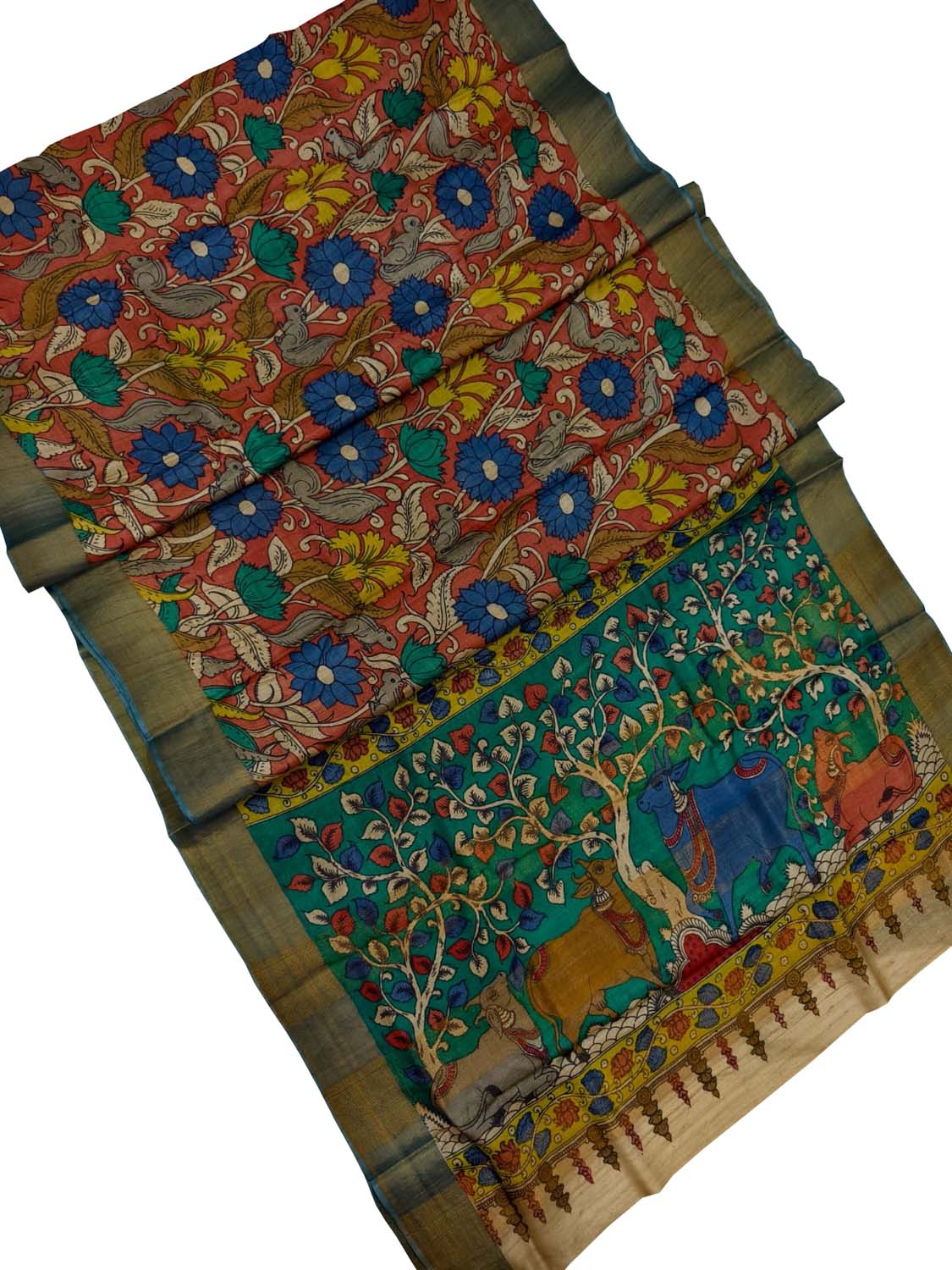 Vibrant Red Kalamkari Tussar Silk Saree - Luxurion World