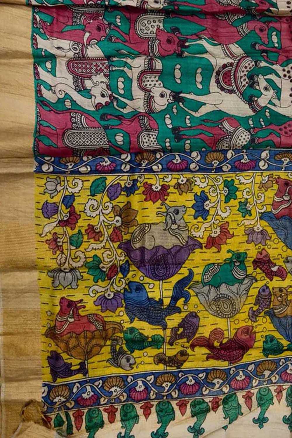 Vibrant Kalamkari Tussar Silk Saree with Hand Painted Design - Luxurion World