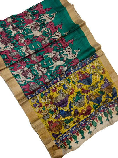 Vibrant Kalamkari Tussar Silk Saree with Hand Painted Design - Luxurion World
